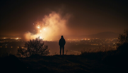 Standing tourist enjoys tranquil beauty in nature generated by AI