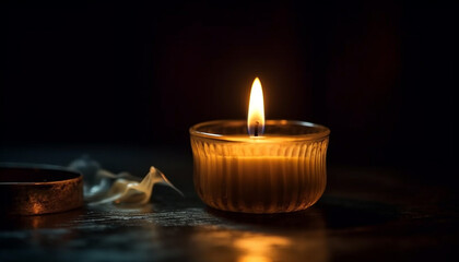 Obraz na płótnie Canvas Glowing candle illuminates dark winter night scene generated by AI