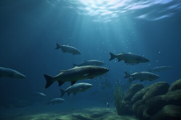 A detailed illustration of a group of fish, such as salmon or trout, in a beautiful and tranquil underwater environment, Generative AI