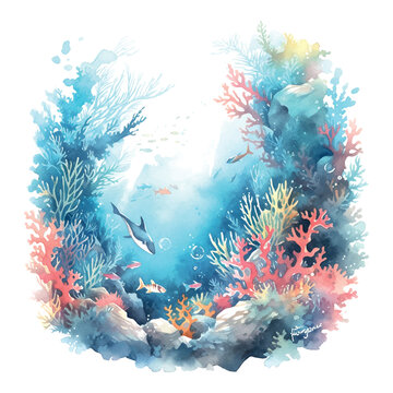 Beautiful colorful underwater world watercolor deep white background for print design.