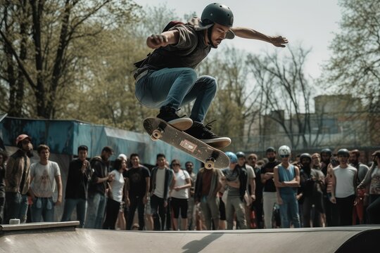 young skateboarder performing jump trick in urban location