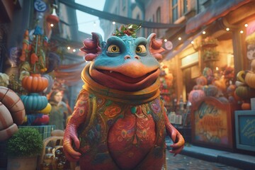A whimsical illustration of a creature or character from a fantasy in a vibrant and bustling marketplace, Generative AI