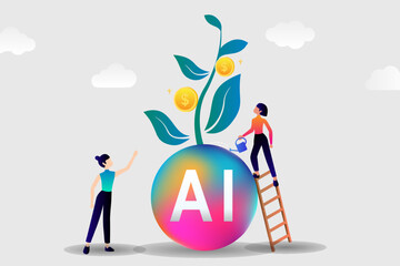 AI technology innovative applications vector infographic. Artificial intelligence, machine learning, data science and cognitive computing concept.