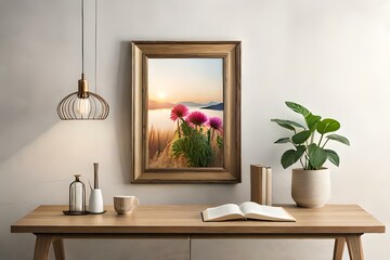  interior designs with table, lamp, frame and books with vase of flowers Generative Ai