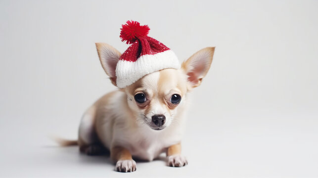 Cute little puppy in santa claus hat, light background copy space. New Year, holiday concept. Template for a postcard