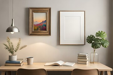  interior designs with table, lamp, frame and books with vase of flowers Generative Ai