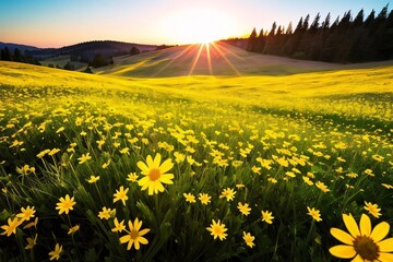 Yellow flowers on the meadows in the rays of the sunset. Generative AI