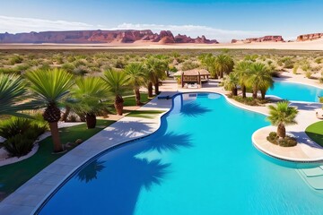 Fototapeta na wymiar Top view of an oasis in the middle of the desert with a swimming pool for a luxurious vacation. Generative AI