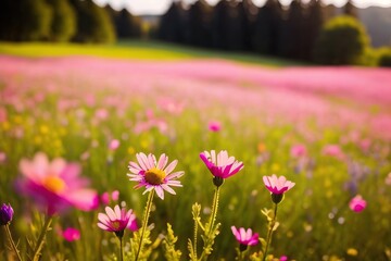 Pink flowers on a lush field. Generative AI