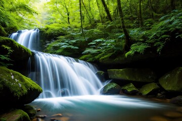 An enchanting waterfall cascading down a lush forest, surrounded by vibrant foliage, captured with a long exposure technique. Generative AI