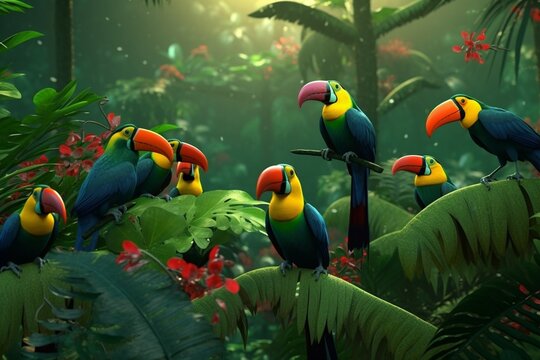 A detailed illustration of a group of birds, such as toucans or parrots, in a lush and vibrant tropical environment, Generative AI