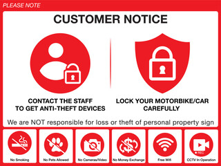 Set of customer notice signs at the entrance to the store or shop. Not Responsible For Loss Or Theft Of Personal Property. No Pets Allowed, No Smoking, No Cameras, No Video, No Money Exchange.