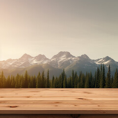 Simple background, product will stand on wooden desk, small mountains in background