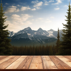 Simple background, product will stand on wooden desk, small mountains in background