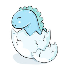 Illustration with a baby boy a dinosaur that hatched from an egg and an eggshell on a white background