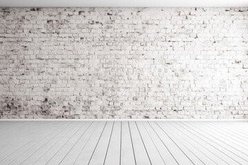 Old white brick wall in the room with white floor, black and white intetior, Generative AI