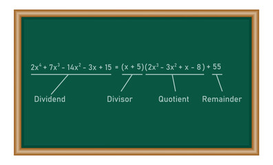 Dividing polynomial expressions in mathematics. Long division of polynomials. Math resources for teachers. Division, quotient, dividend and remainder.