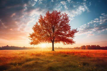 Fototapeta na wymiar Alone autumn forest in the field at sunrise, Generative AI