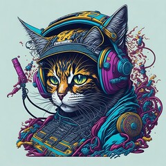 cat, time bomb, centered, isometric, vector t-shirt art ready to print highly detailed colorful graffiti illustration of one cat , wearing headphones ,white Background