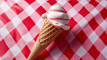 Ice cream cones with cream and strawberry syrup in an ice cream parlor. Generative AI
