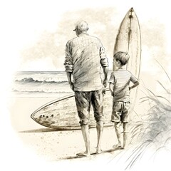 Grandpa and son walking on beach with surboards sketch drawing 