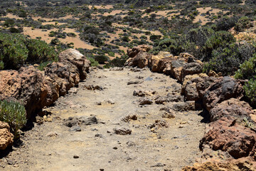 Rocky hiking trail into nowhere, Teide National Park, Canary, Islands, Spain 