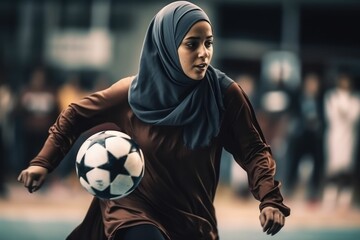 happy muslim woman in hijab with football