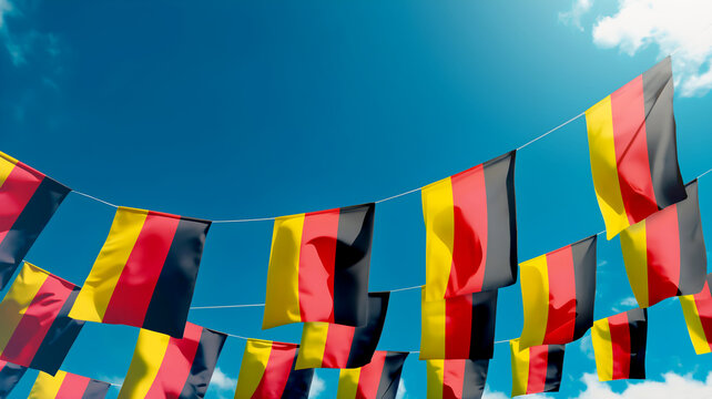 Flag of Germany against the sky, flags hanging vertically