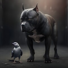 hreavy muscled short nose american bully standing on rear legs playing with a raven  - obrazy, fototapety, plakaty