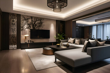 Modern living room interior in beige and gray colors, Generative AI 2