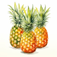 Hand drawn watercolor painting of pineapple fruit on a white background.