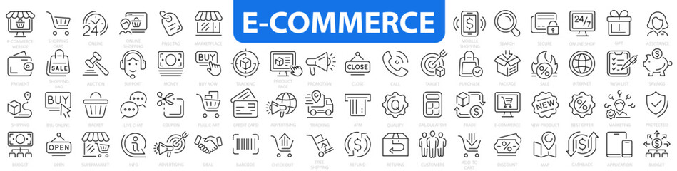 E-commerce icon set. Shopping icons. E-commerce, online shopping, delivery, store, marketing, money, marketplace. Vector illustration. - obrazy, fototapety, plakaty