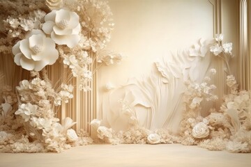 Abstract Ivory 3d studio background. room with flowers columns curtains, AI generated