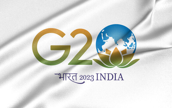 Fabric flag  G20 India, Flag The members of the G20 are, G20 logo on white flag with Text, Copy space, 3d illustration and 3d work