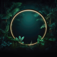 Green tropical leaves background with circle neon lights in the center. Natural leaves background