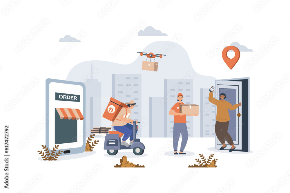 Poster delivery concept with character scene for web. client using shipping service, courier delivering and