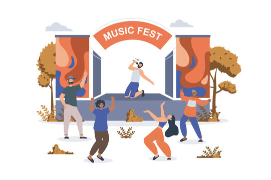 Music fest concept with character scene for web. Women and men dancing and listening singer on stage at music festival. People situation in flat design. Vector illustration for marketing material.