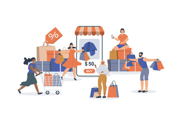Shopping concept with character scene for web. Women and men making purchases, ordering with bargain prices in mobile app. People situation in flat design. Vector illustration for marketing material.