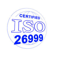 An illustration of ISO 26999 certification, like a stamp, in perspective. White background.