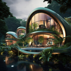 Luxurious futuristic house built in tropical forest