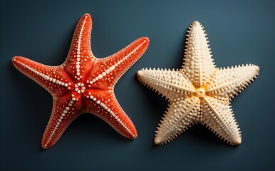 Top-down sight of sea star pair, differing kinds, dark setting, marine layout, soft shadows, Generative AI, Generative, KI
