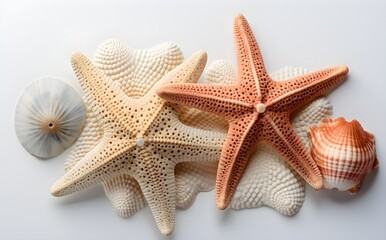 Fototapeta na wymiar Two distinct starfish types isolated on white, subtle shadows, flat lay, top-down view, marine design element, Generative AI, Generative, KI