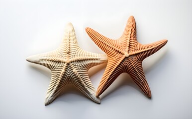 Fototapeta na wymiar Starfish Duo, Seashells, Closeup, Isolated on White, Natural Marine Textures, Perfect for Commercial Imagery, eCommerce, Beach-Themed Designs, Generative AI, Generative, KI 