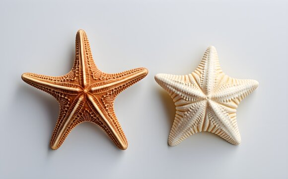Starfish tandem in mixed forms, overhead capture, white scene, nautical flat lay, Generative AI, Generative, KI

