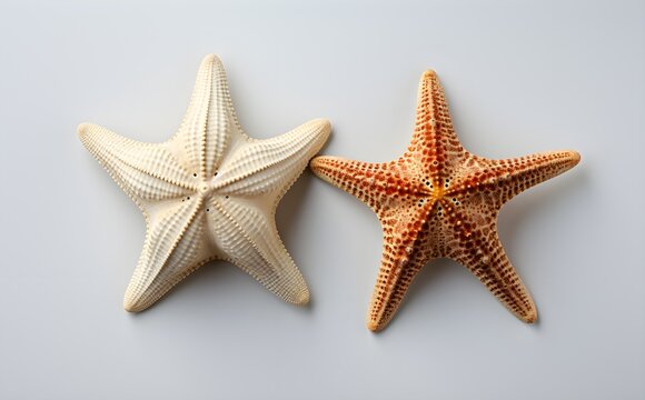 Pair of varying starfish, top-down perspective, isolated on white, flat composition, oceanic design accent, Generative AI, Generative, KI
