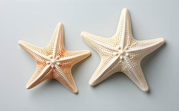 Distinct duo of starfish on white, top view, subtle shadows, flat lay design, marine life representation, Generative AI, Generative, KI
