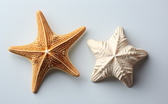 Unique starfish pair, overhead view, white background, oceanic design, flat lay composition with mild shadows, Generative AI, Generative, KI
