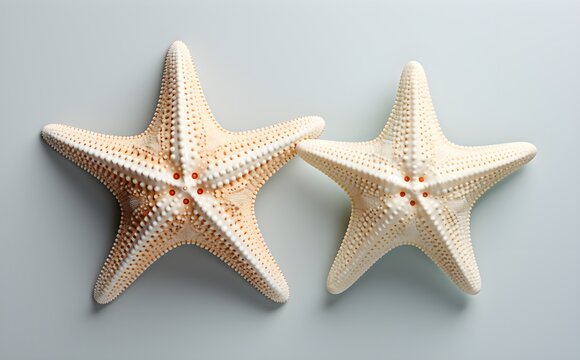Twin starfish species, top view, flat lay with white backdrop, marine-themed design component, subtle shadows, Generative AI, Generative, KI
