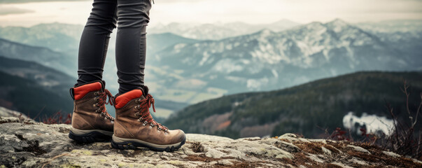 Hiker woman in boots on hight mountains. generative ai