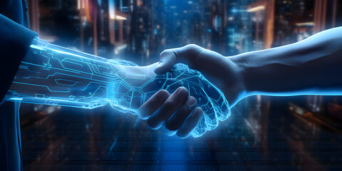 Handshake between a cyber hand hand a human hand - Technologies and artificial intelligence concept - obrazy, fototapety, plakaty